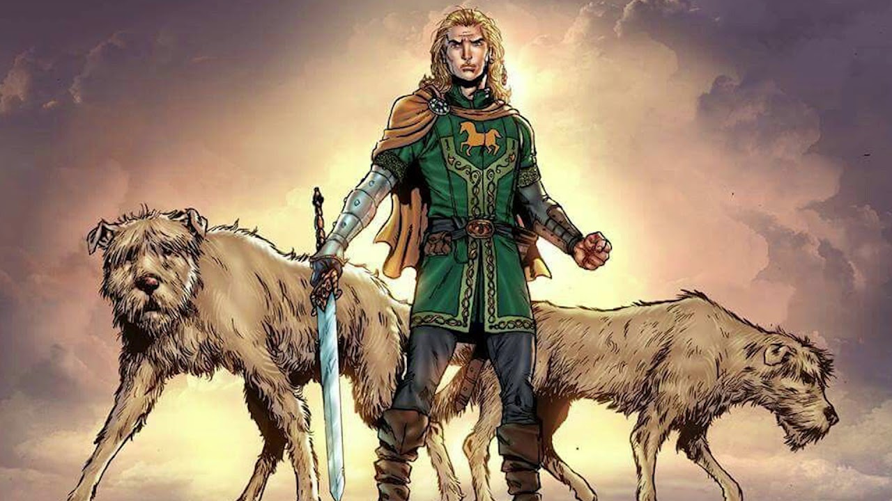 A blond warrior youth with his two hounds